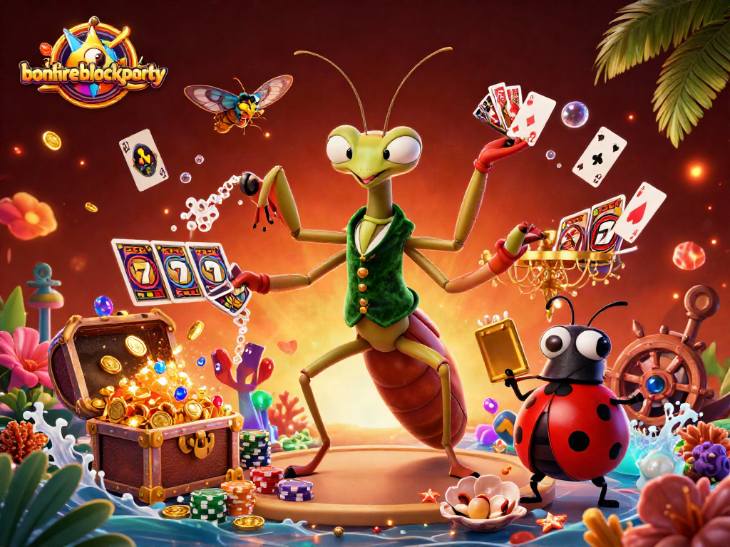 Join the bonfireblockparty with exciting card games amid vibrant 3D casino elements.