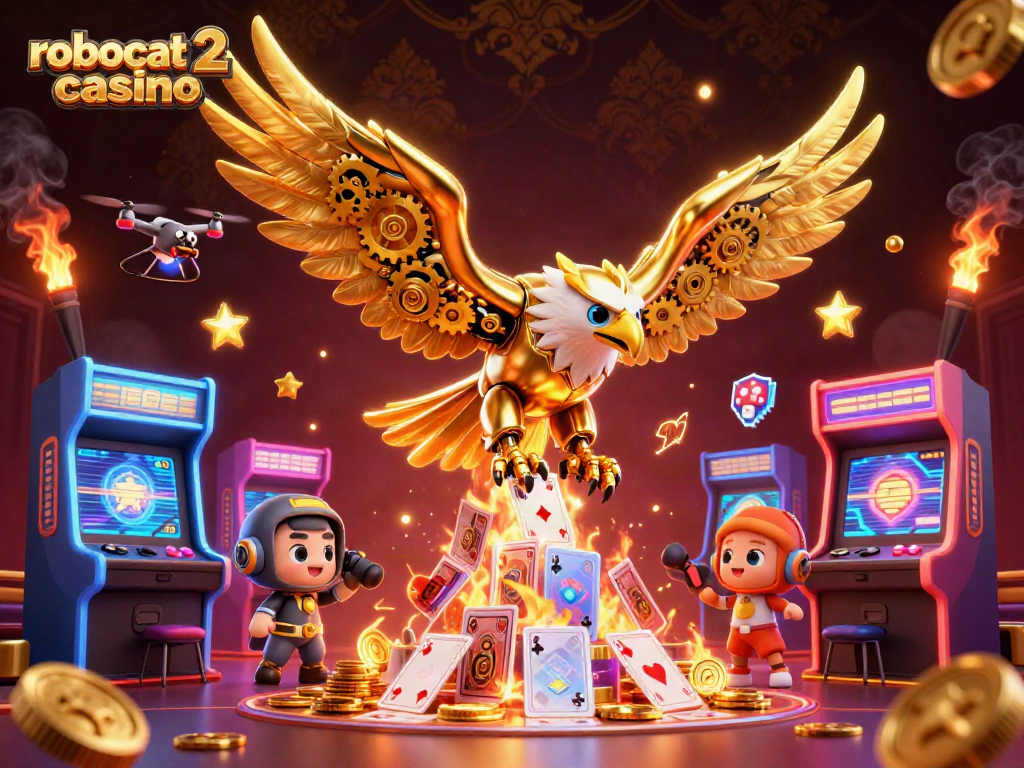 Experience thrilling gaming at robocat 2 casino with animated characters and vibrant casino elements.