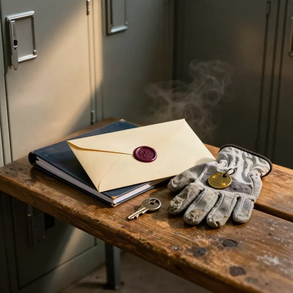 Un sobre de finiquito, un libro de nóminas y una llave metálica sobre un banco de madera.