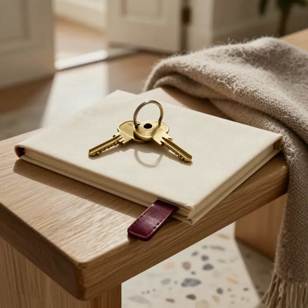 Entrada cálida con llaves separadas, folio crema y manta de lana sobre un banco.
