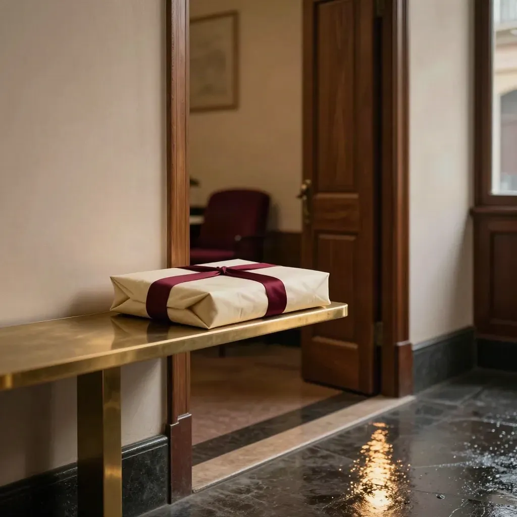 Pasillo elegante de despacho legal con carpeta sellada y puerta cerrada tras resolver un despido.
