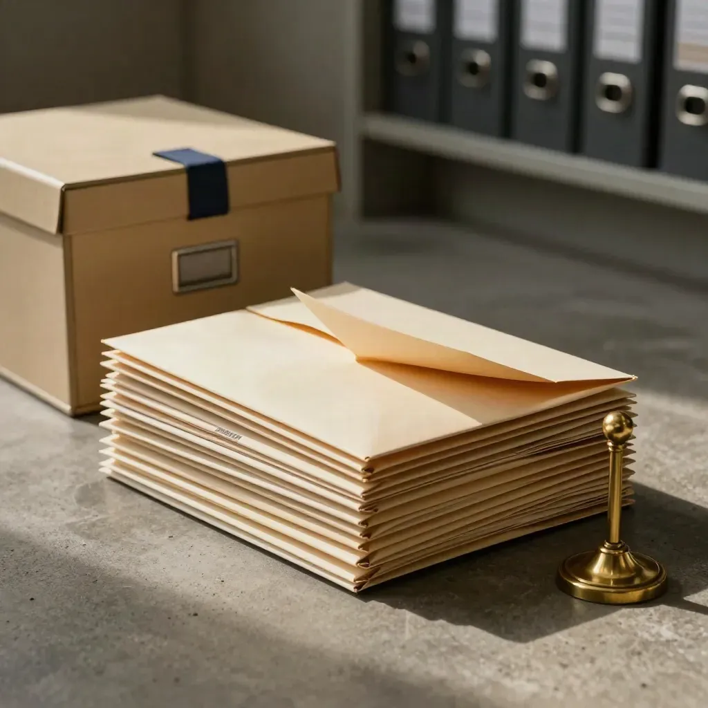 Montón de cartas devueltas, caja de archivo cerrada y punzón de recibos en un archivo legal.