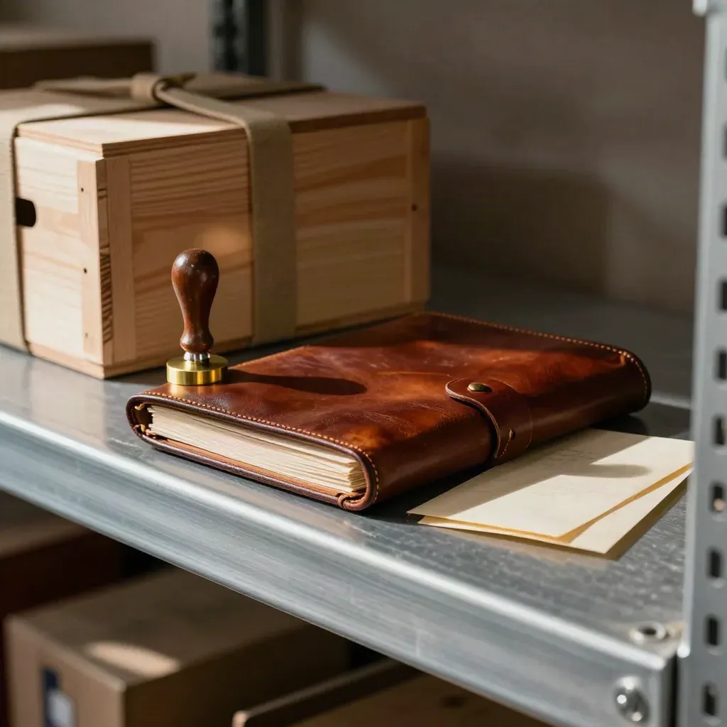 Estante de almacén con cajas selladas, carpeta de cuero y sello de latón bajo luz cálida.