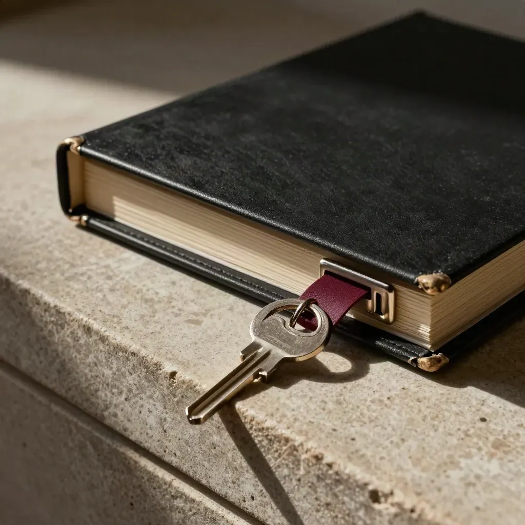 Carpeta negra, llavero metálico y piedra de juzgado con luz rasante dramática.