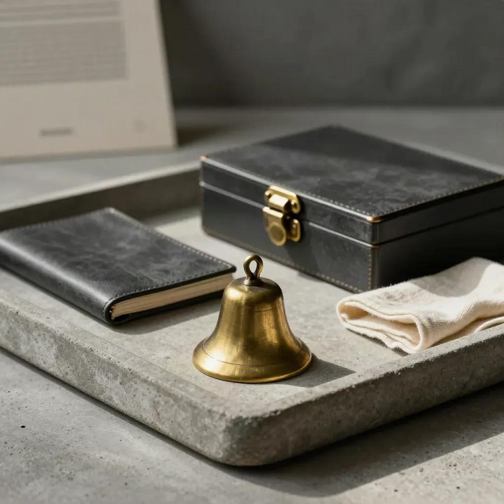 Bandeja de piedra con campana de latón, carpeta cerrada y cierre de archivo en luz suave.