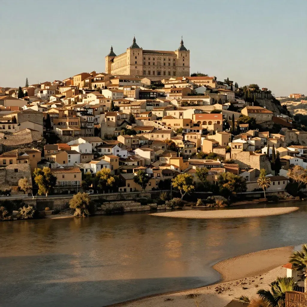 Toledo al atardecer sobre el valle del Tajo, con el Alcázar en lo alto y el primer plano despejado.