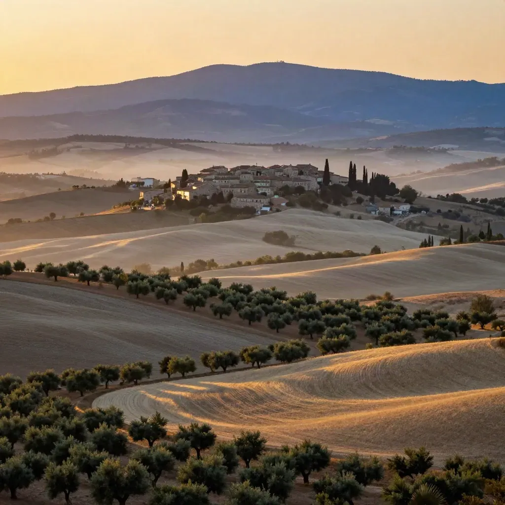 Paisaje de la meseta española con olivares, campos de trigo, pueblos de piedra y montañas lejanas al atardecer.