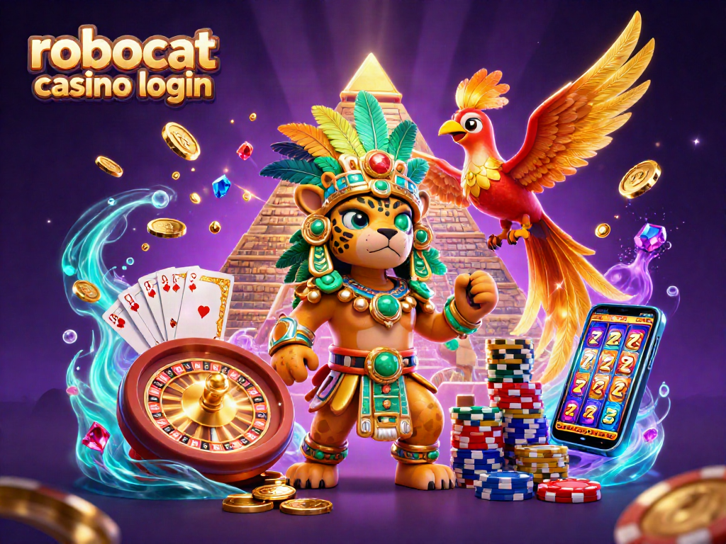 Experience the thrill of robocat casino login with a vibrant 3D illustration of Mayan characters and casino elements.